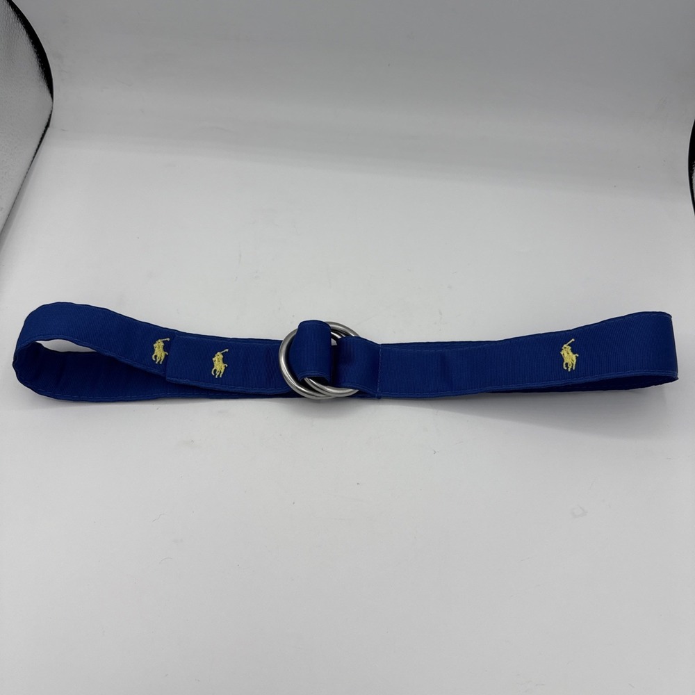 Vintage Polo Ralph Lauren Royal Blue Nylon Fabric Yellow Logo O Ring Belt 39"